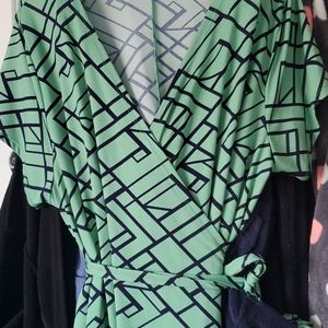 Green with blue wrap dress by Just Fab.